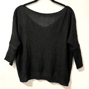 slouchy black open knit dolman 3/4 sleeve v neck top blouse sweater paris